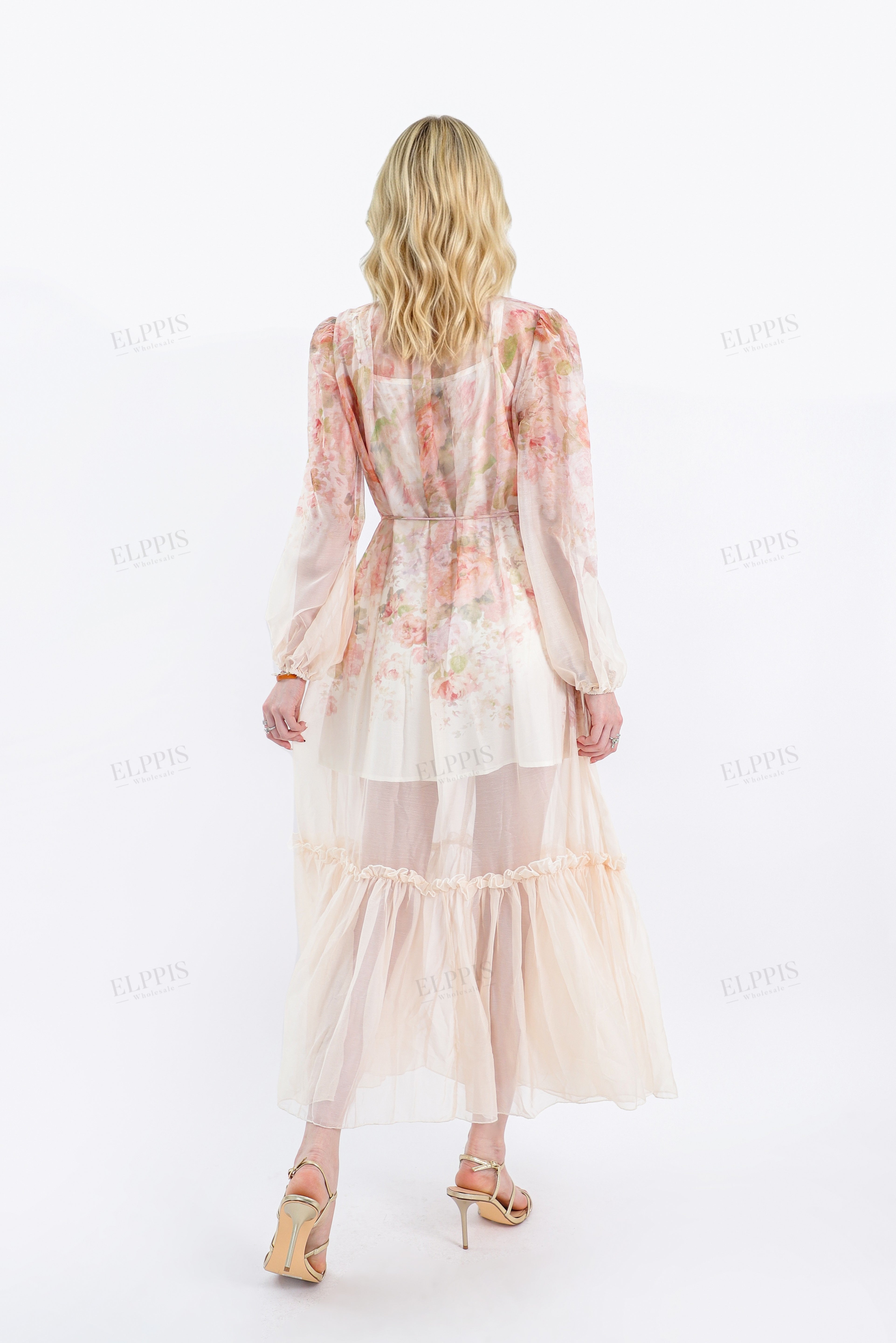 Pastel Floral Print Sheer Maxi Dress with Tie Neck