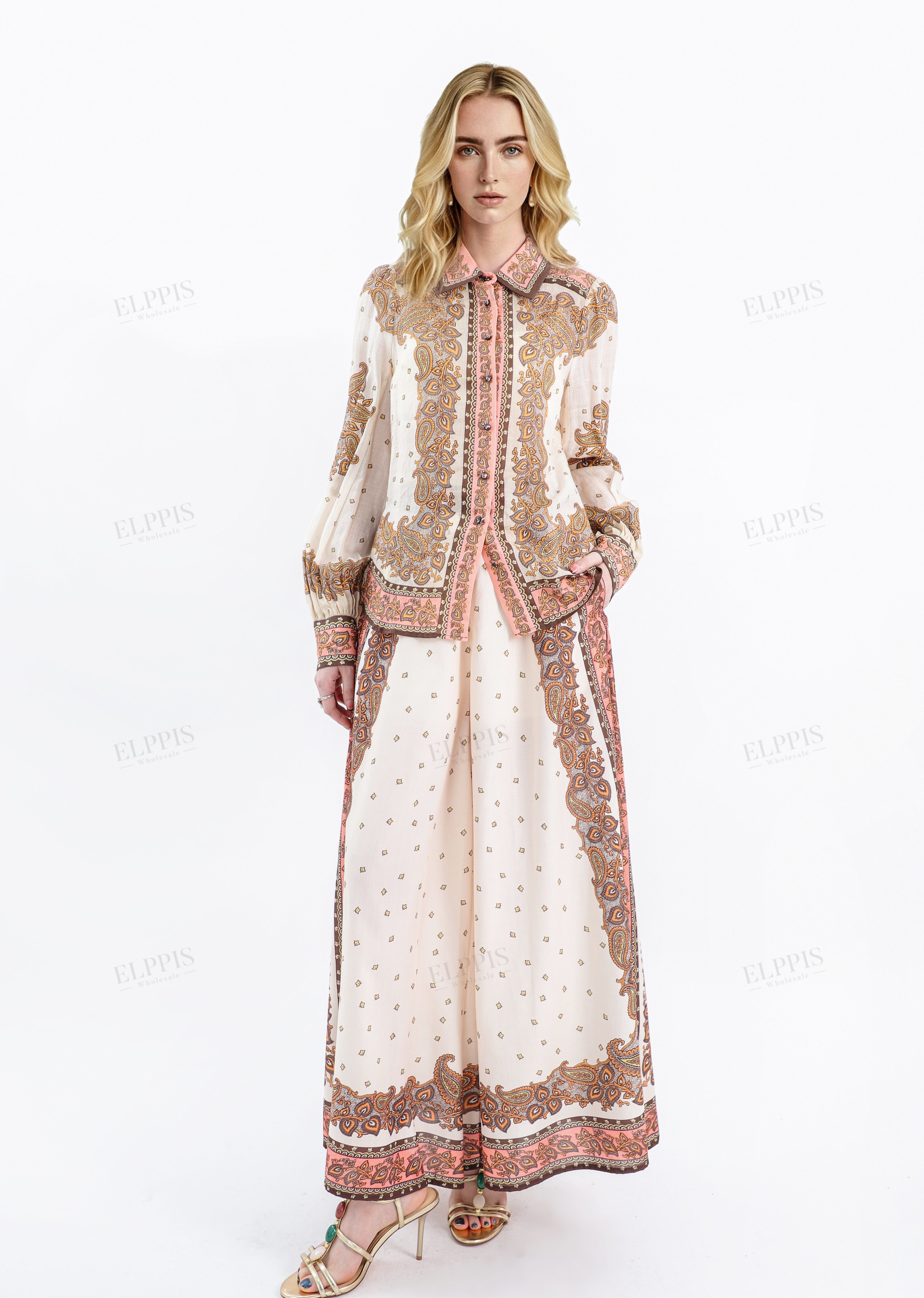 Paisley Print Long-Sleeve Shirt with Contrast Trim