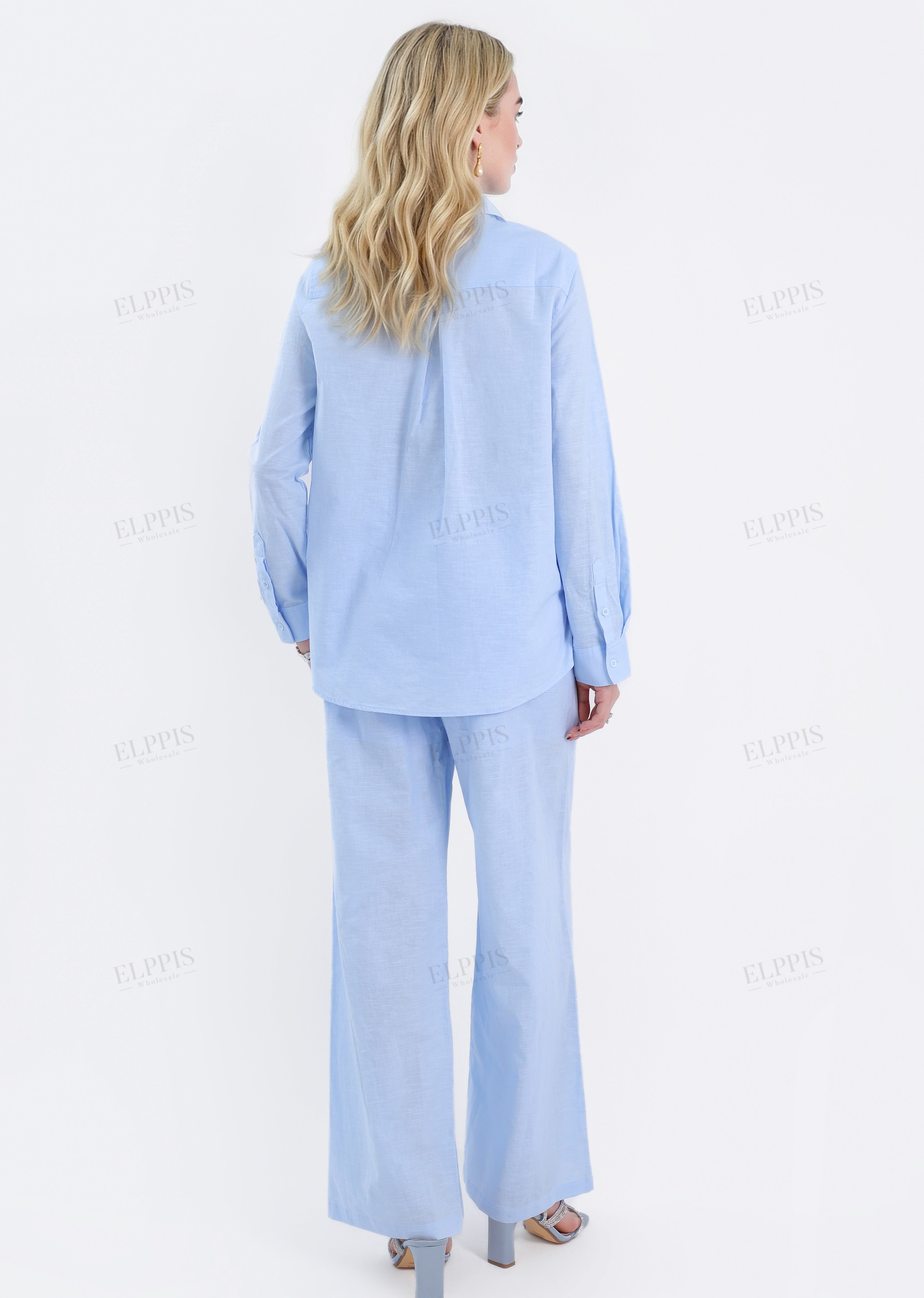 Light Blue Linen-Cotton Wide-Leg Pants