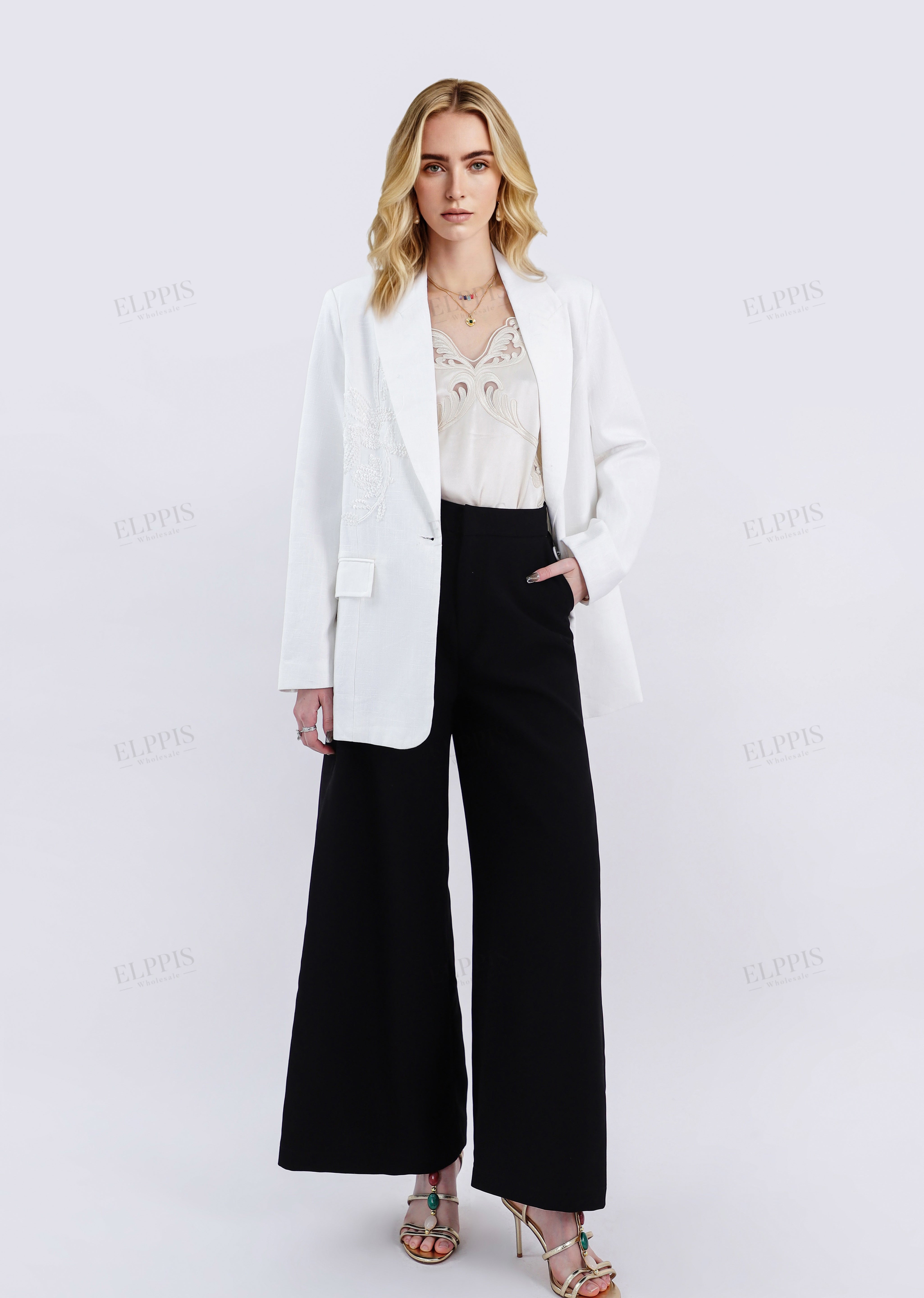 White Tailored Blazer with Beaded Floral Embroidery