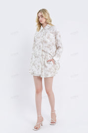 Cream Rayon-Nylon Blend Floral Print Elastic Waist Shorts