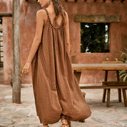 Vacation style 3D bead decorated pleated spaghetti strap maxi dress