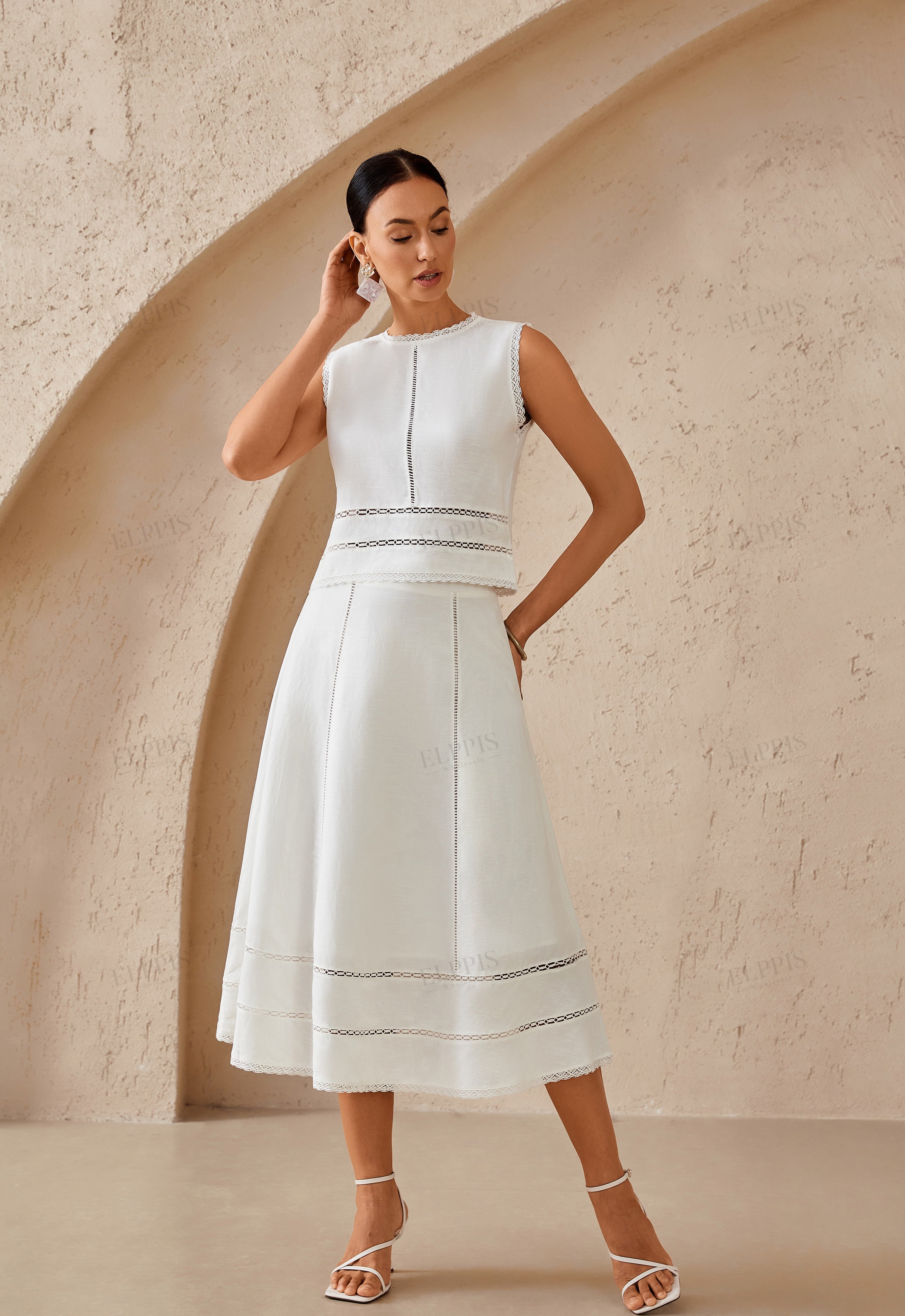 White Linen Sleeveless Top with Eyelet Lace Detailing