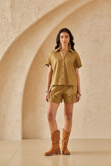 Olive Green Woven Shorts with Leaf Cutwork Embroidery