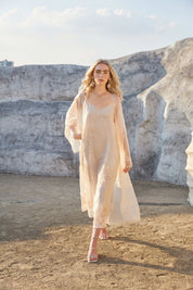 Blush Pink Sheer Midi Slip Dress with Gold Leaf Embroidery
