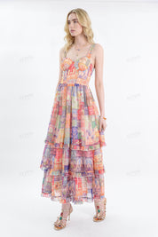Colorful Patchwork Tiered Cami Maxi Dress