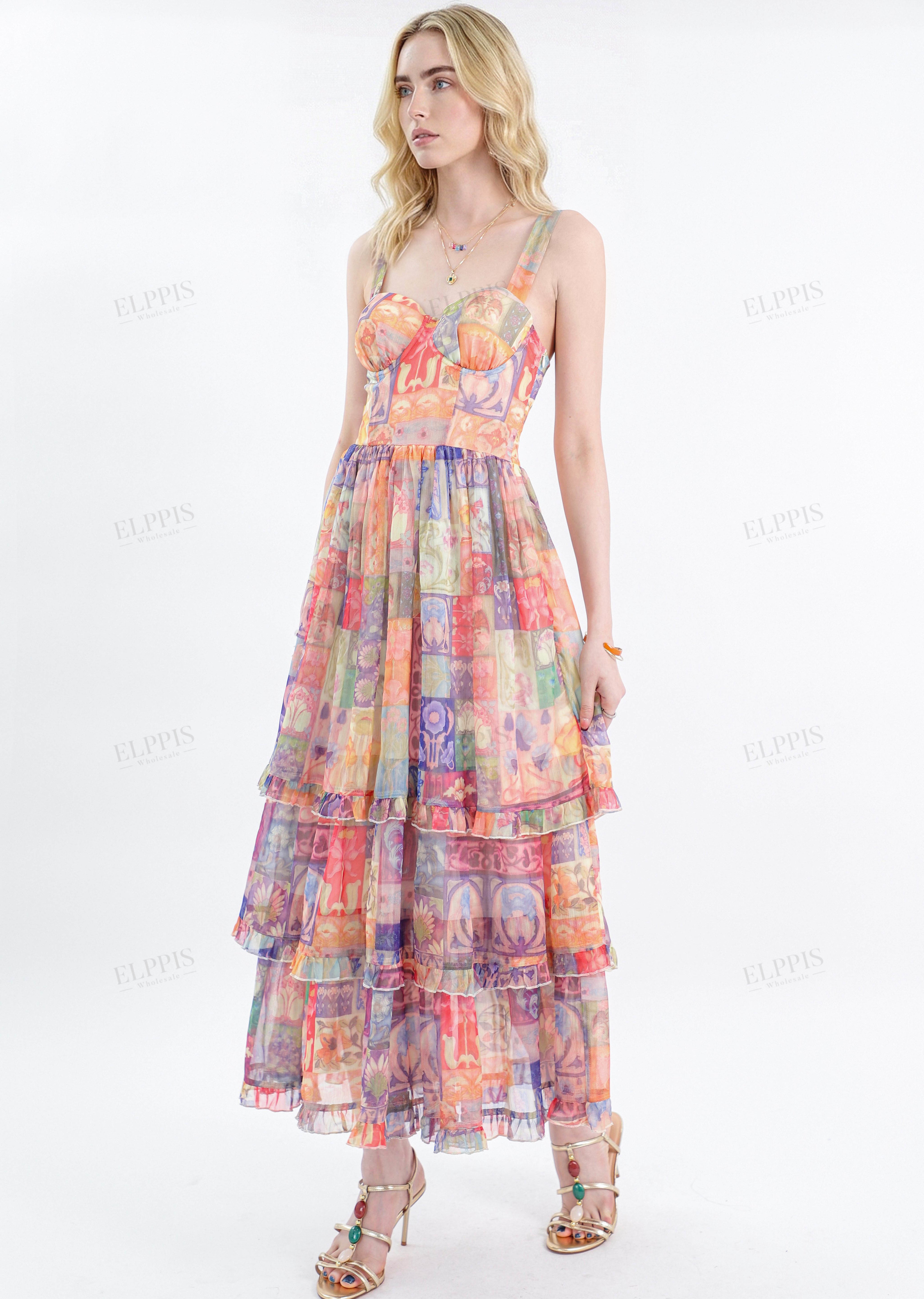 Colorful Patchwork Tiered Cami Maxi Dress
