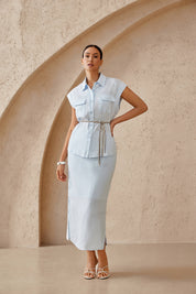Light Blue Cotton-Linen Sleeveless Button-Front Shirt
