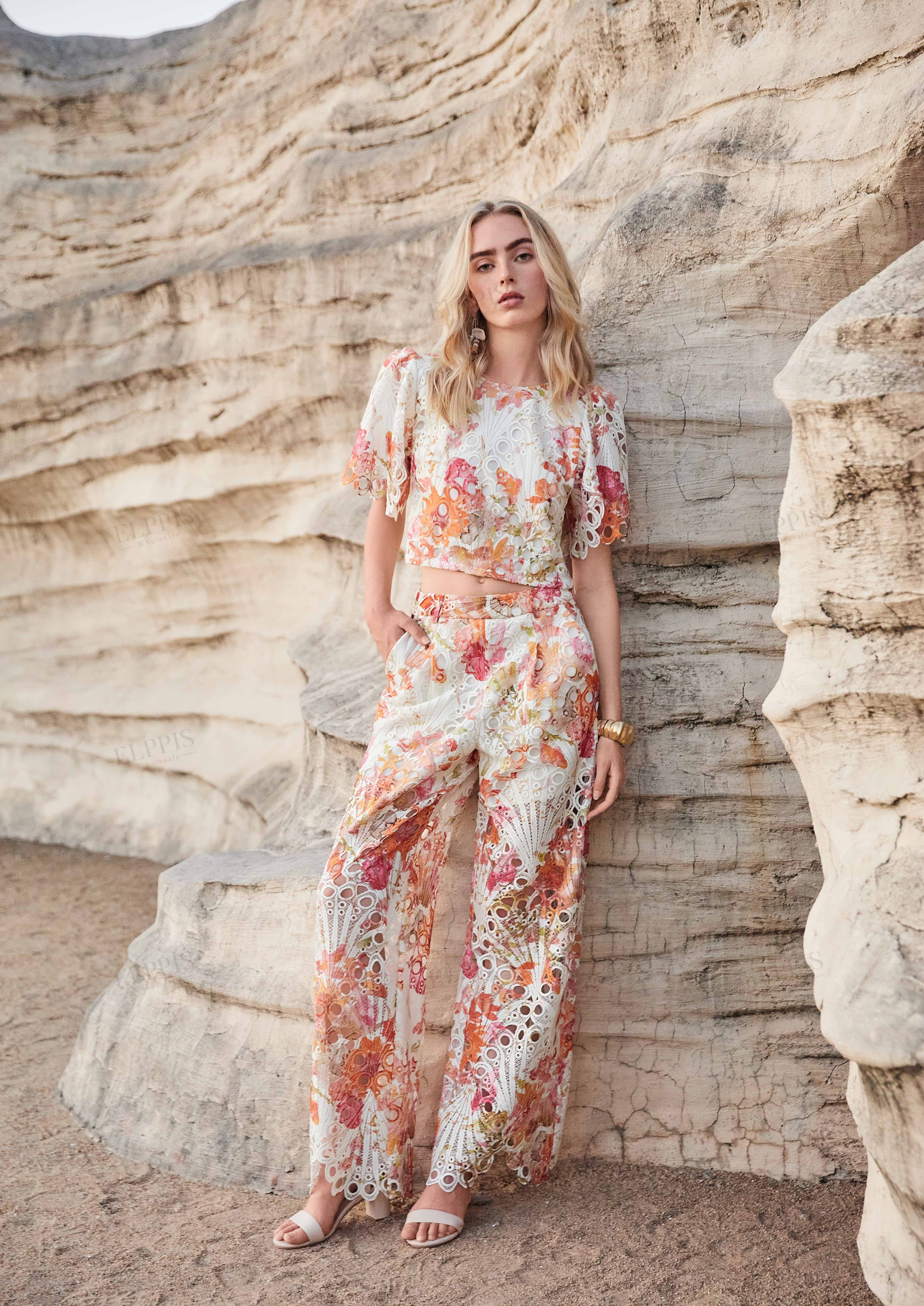 Floral Cutout Lace Wide-Leg Pants
