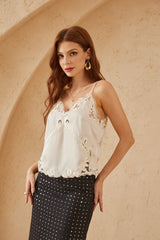 Ivory Satin Camisole with Cut-Out Embroidery