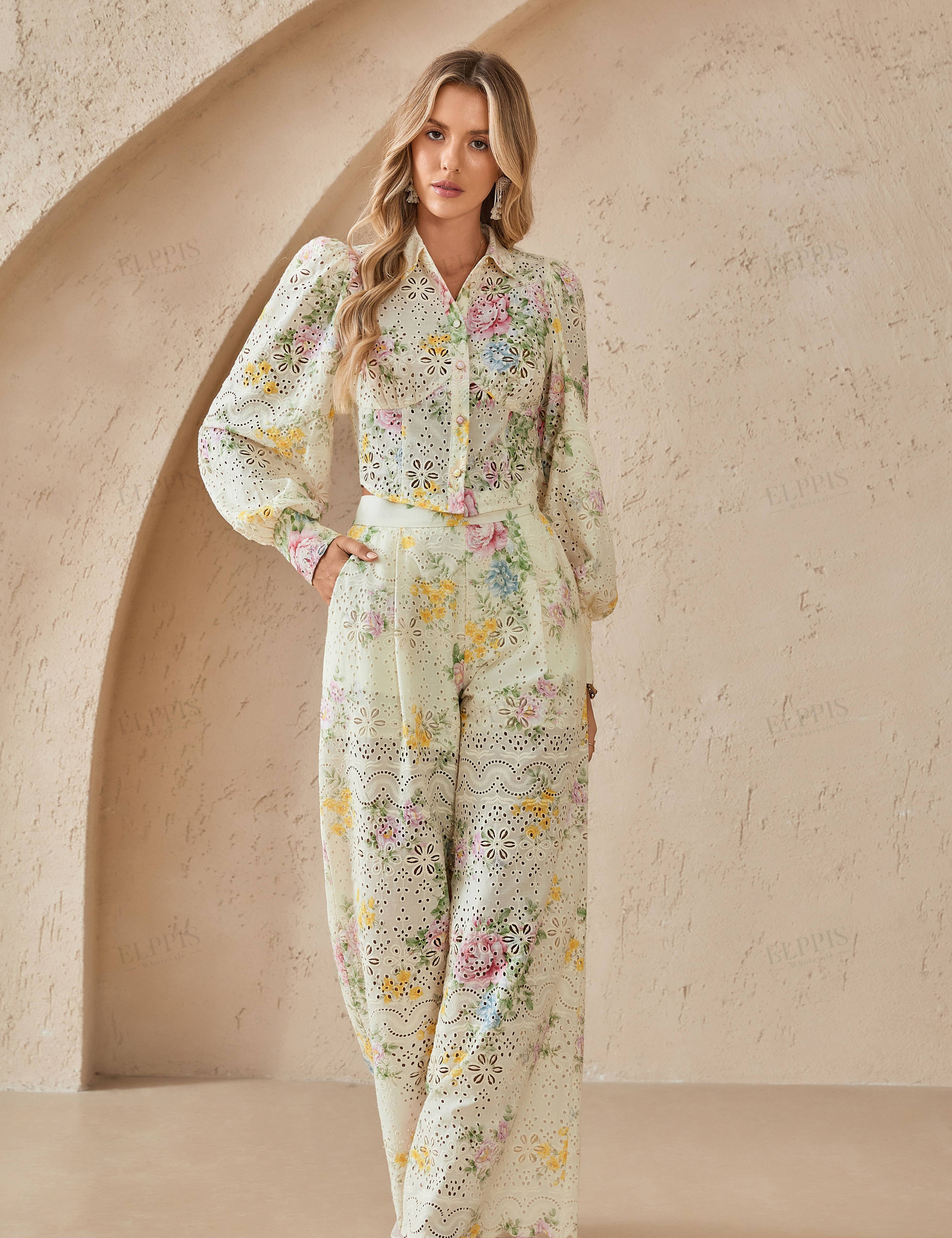 Cream Floral Print Eyelet Cropped Blouse with Bishop Sleeves