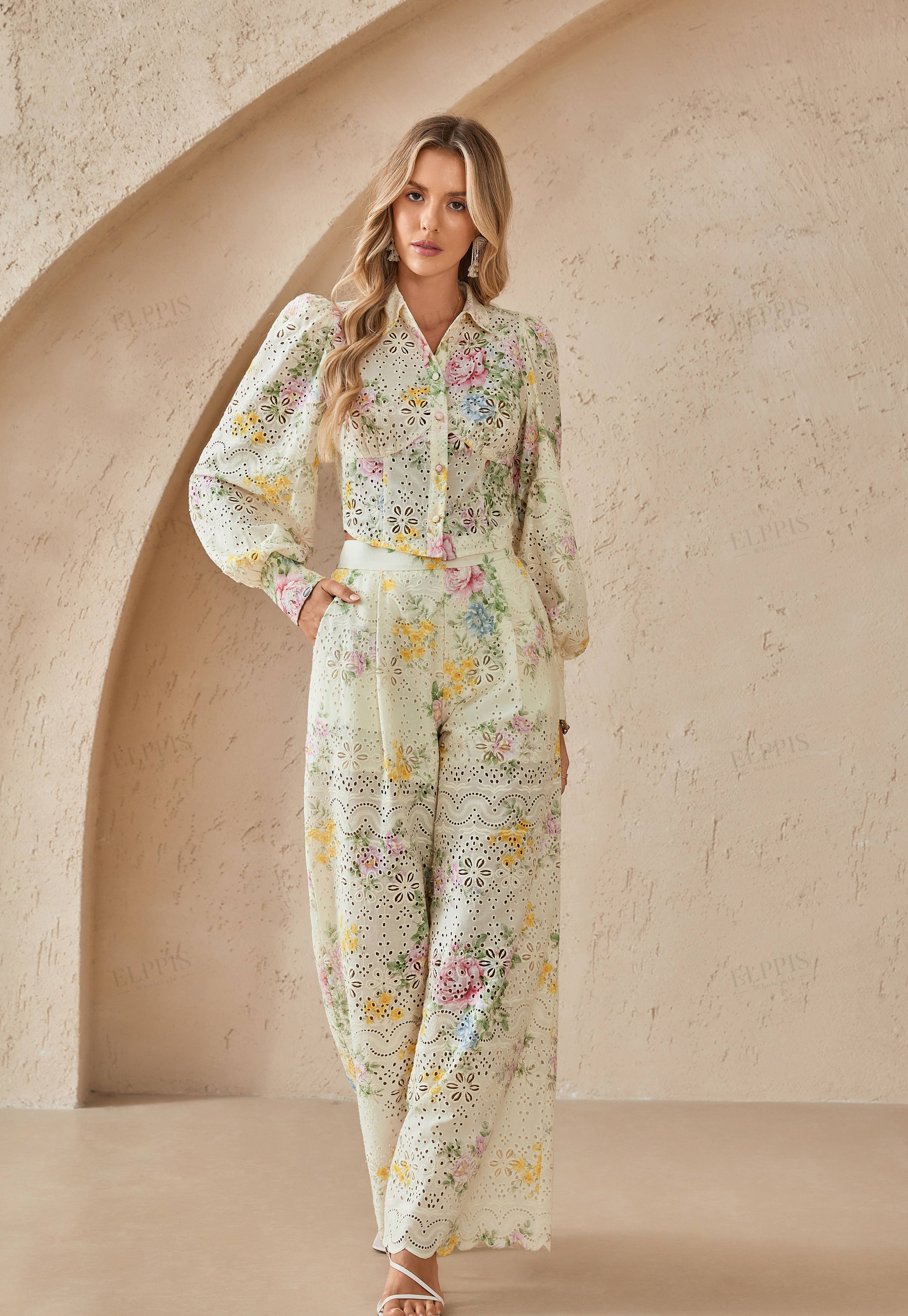 Cream Floral Print Eyelet Cropped Blouse with Bishop Sleeves