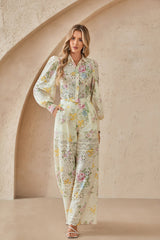 Cream Floral Print Eyelet Cropped Blouse with Bishop Sleeves