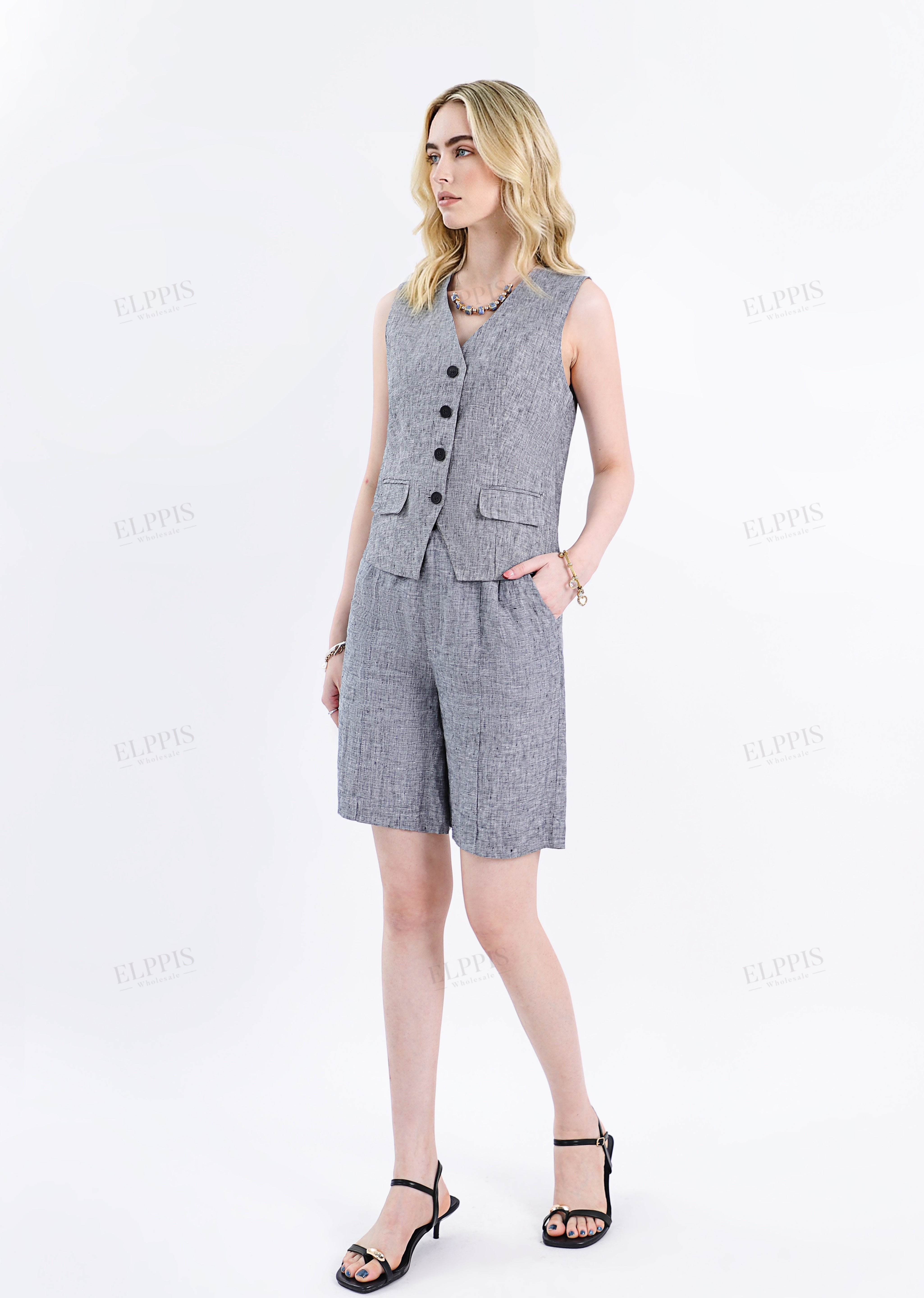 Grey Linen Sleeveless Button-Front Vest