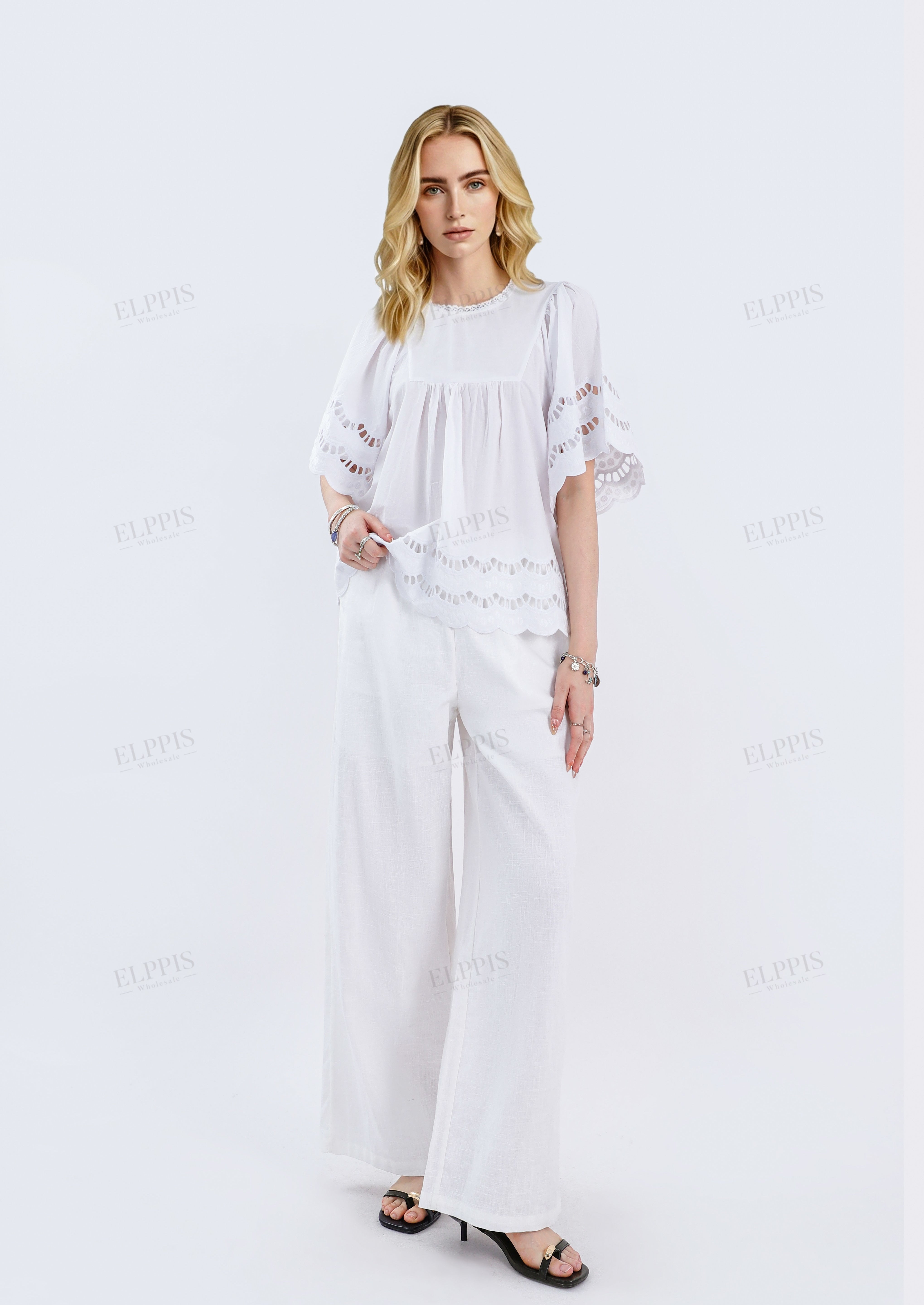 White Woven Wide-Leg Pants with Drawstring Waist