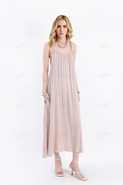 Beige Satin Cami Maxi Dress with Pom-Pom Strap Detail