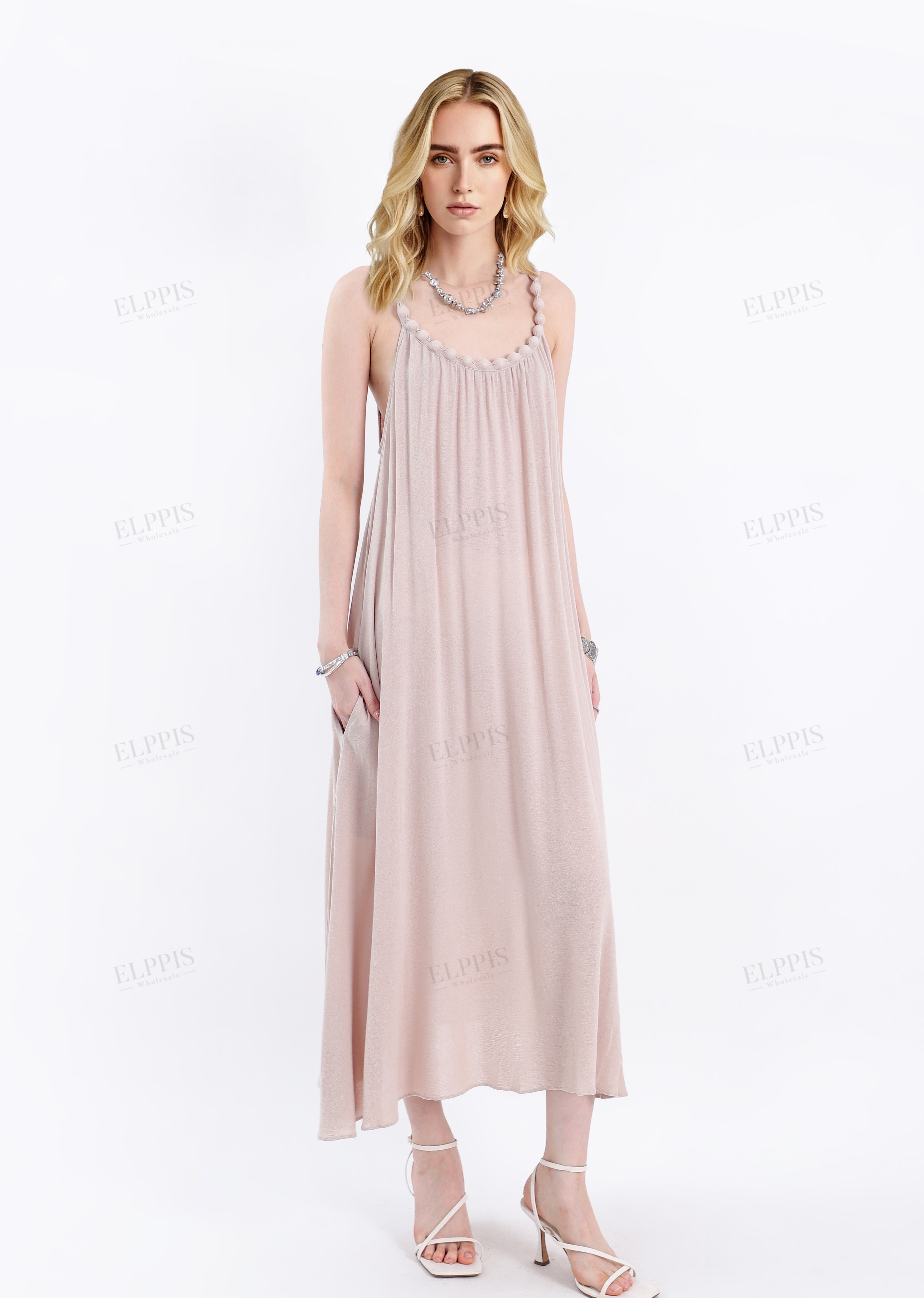 Beige Satin Cami Maxi Dress with Pom-Pom Strap Detail