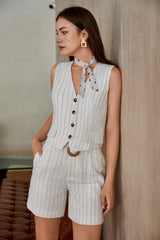 Beige Fine-Striped Linen-Blend Sleeveless Vest