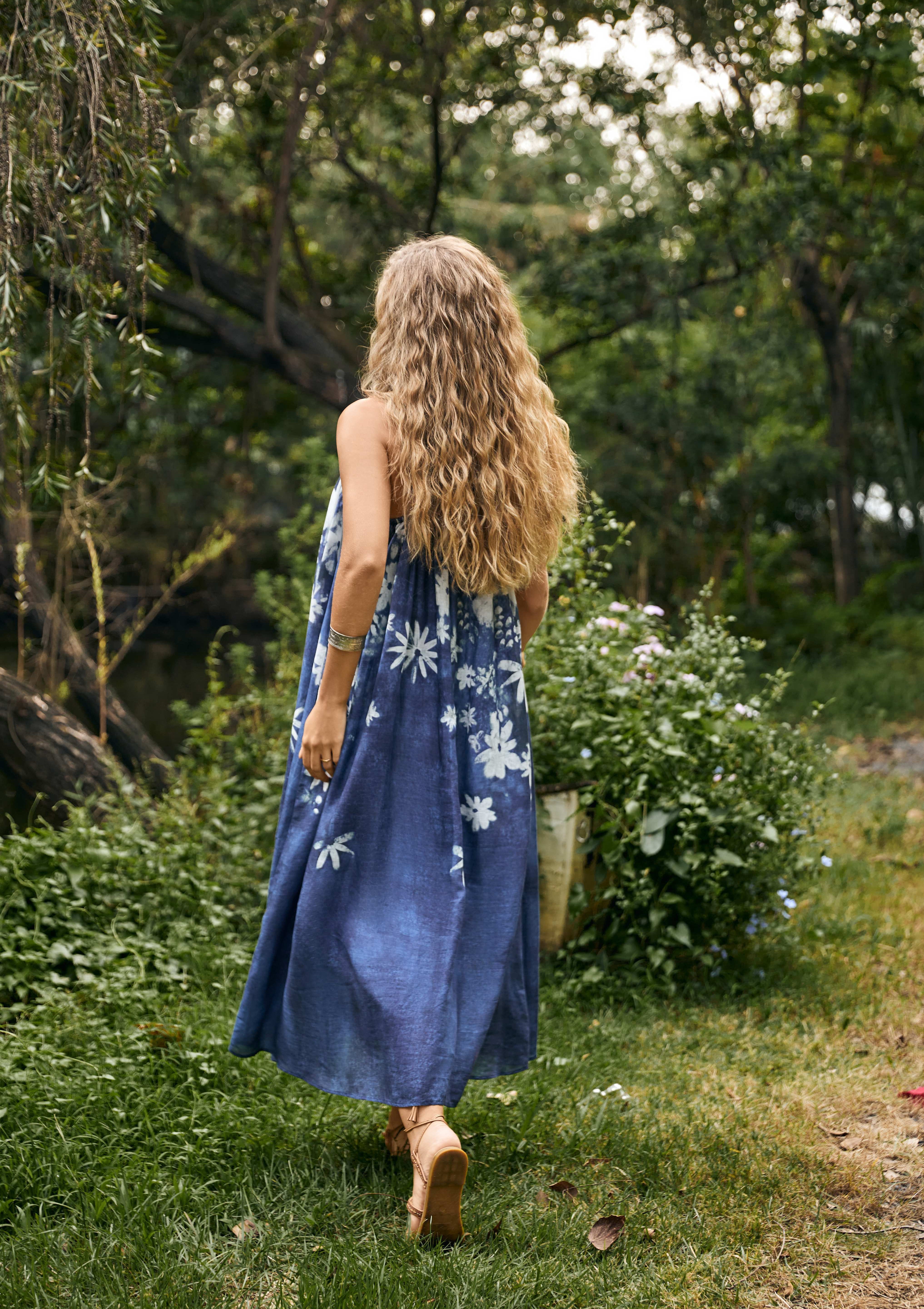 Navy Blue Floral Print Spaghetti Strap Maxi Dress
