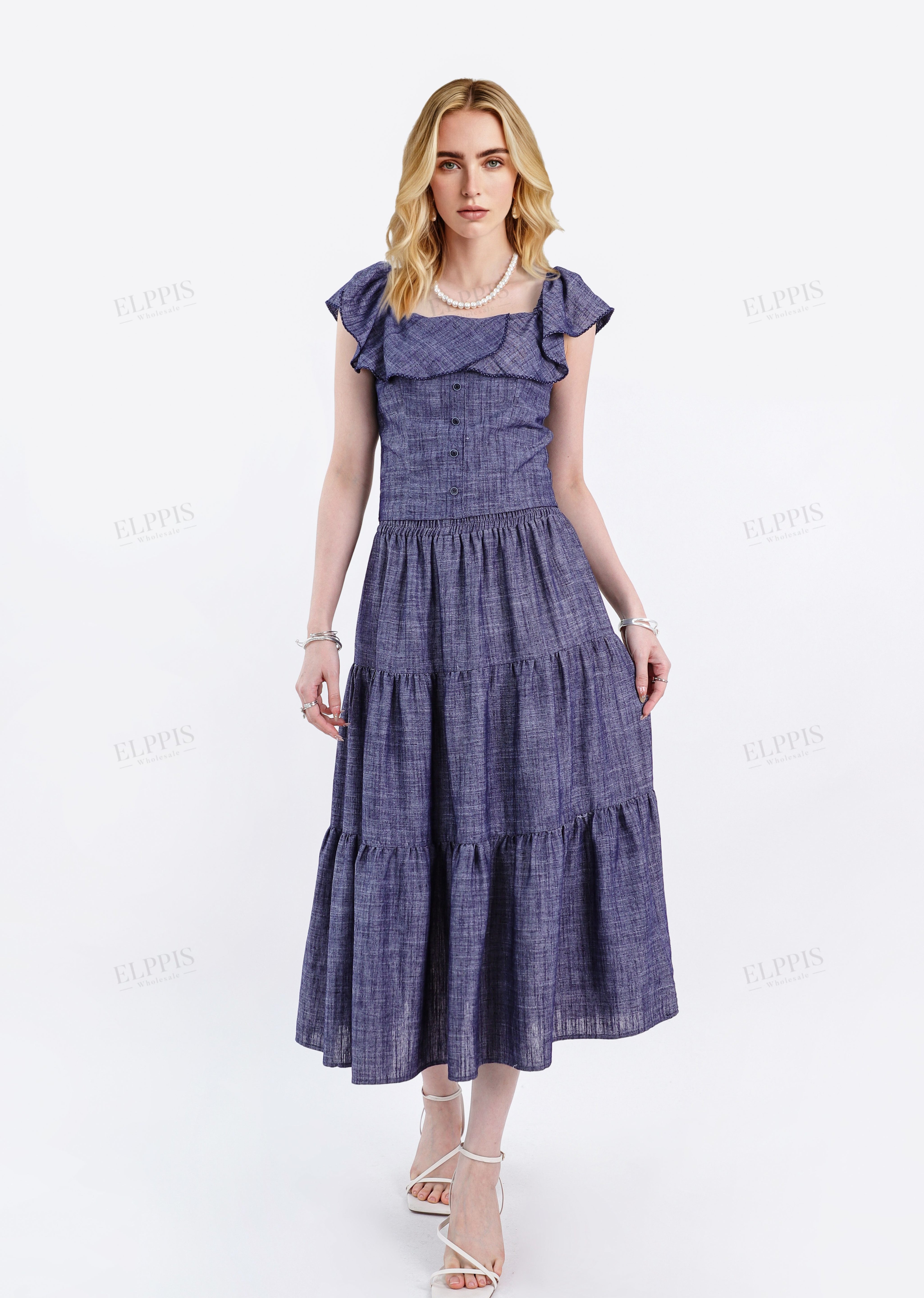 Navy Blue Tiered Midi Skirt