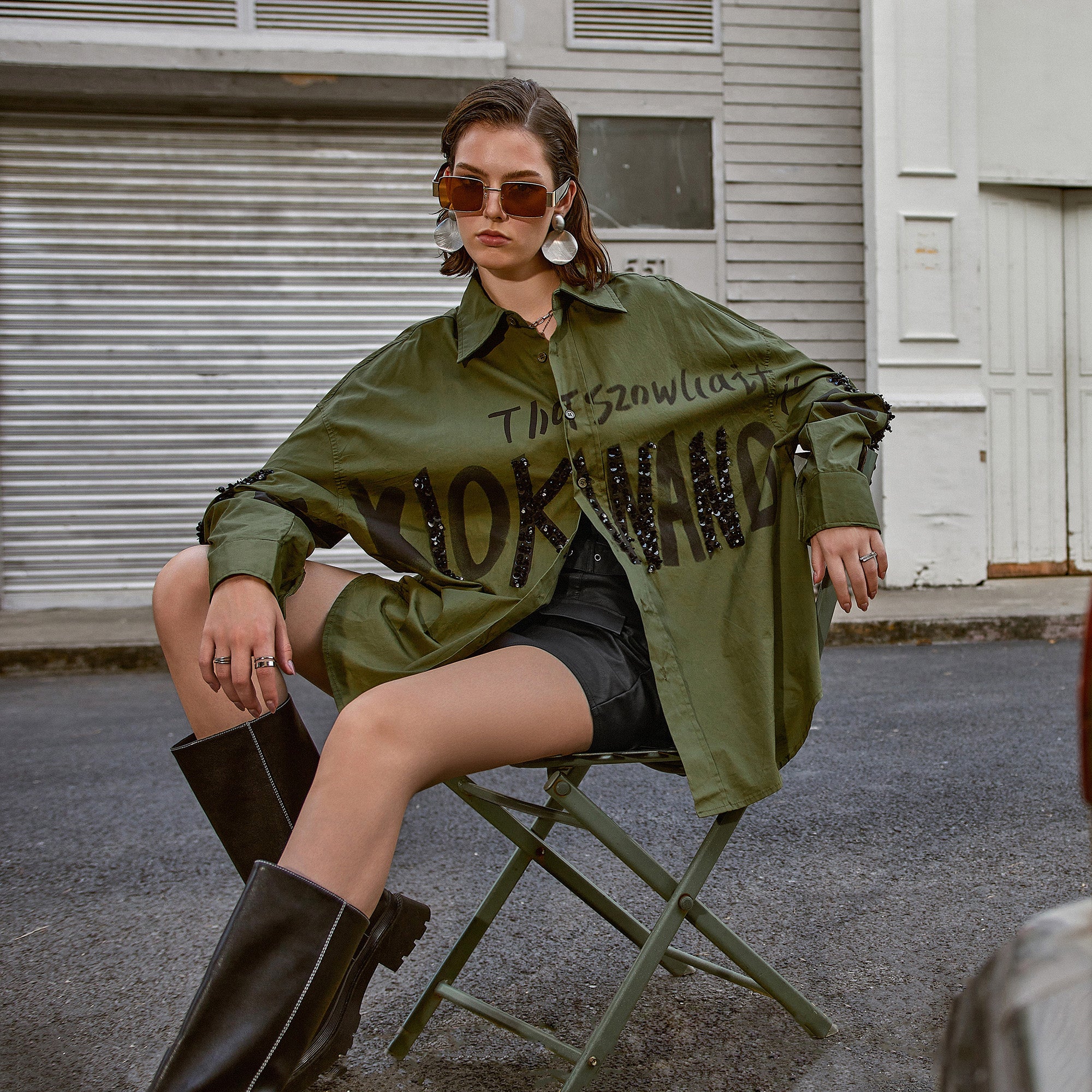 White Oversized Shirt with Black Sequin Letter Embellishments