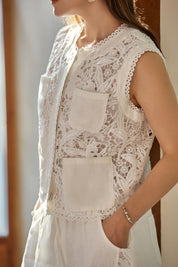White Linen Wide-Leg Lace Pants