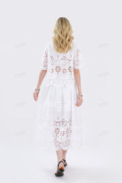 White Woven Midi Skirt with Eyelet Embroidery & Side Bow