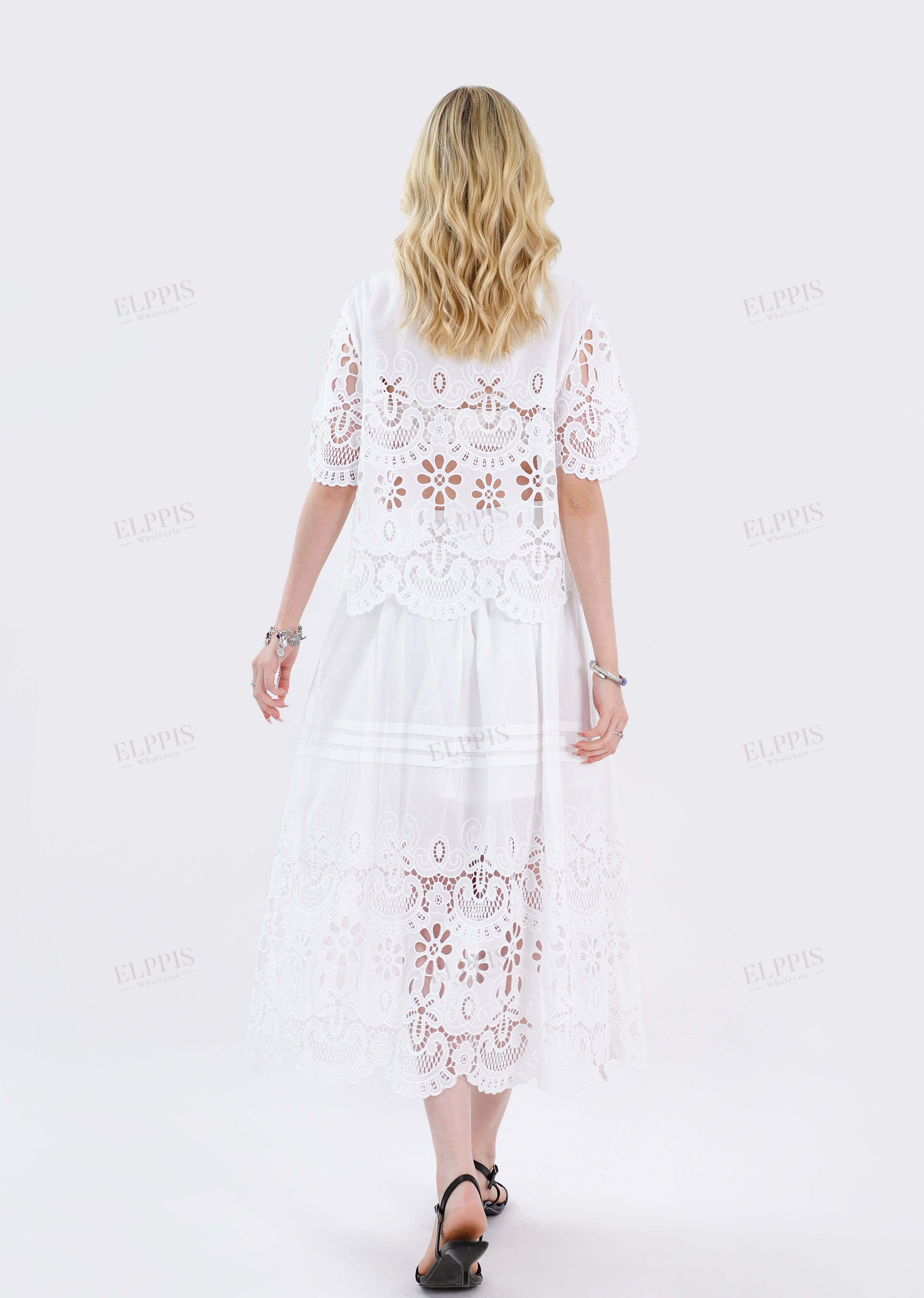 White Woven Midi Skirt with Eyelet Embroidery & Side Bow