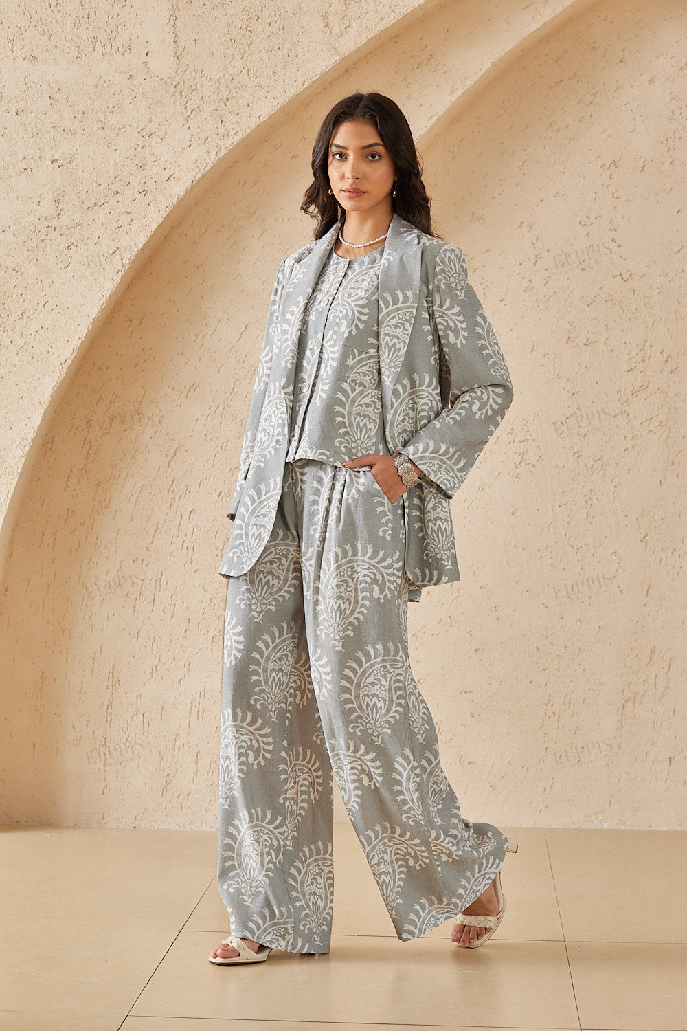 Gray & White Paisley Print Blazer with Rolled Cuffs