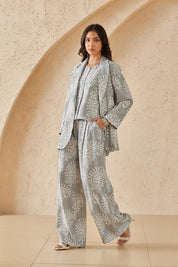 Gray & White Paisley Print Blazer with Rolled Cuffs