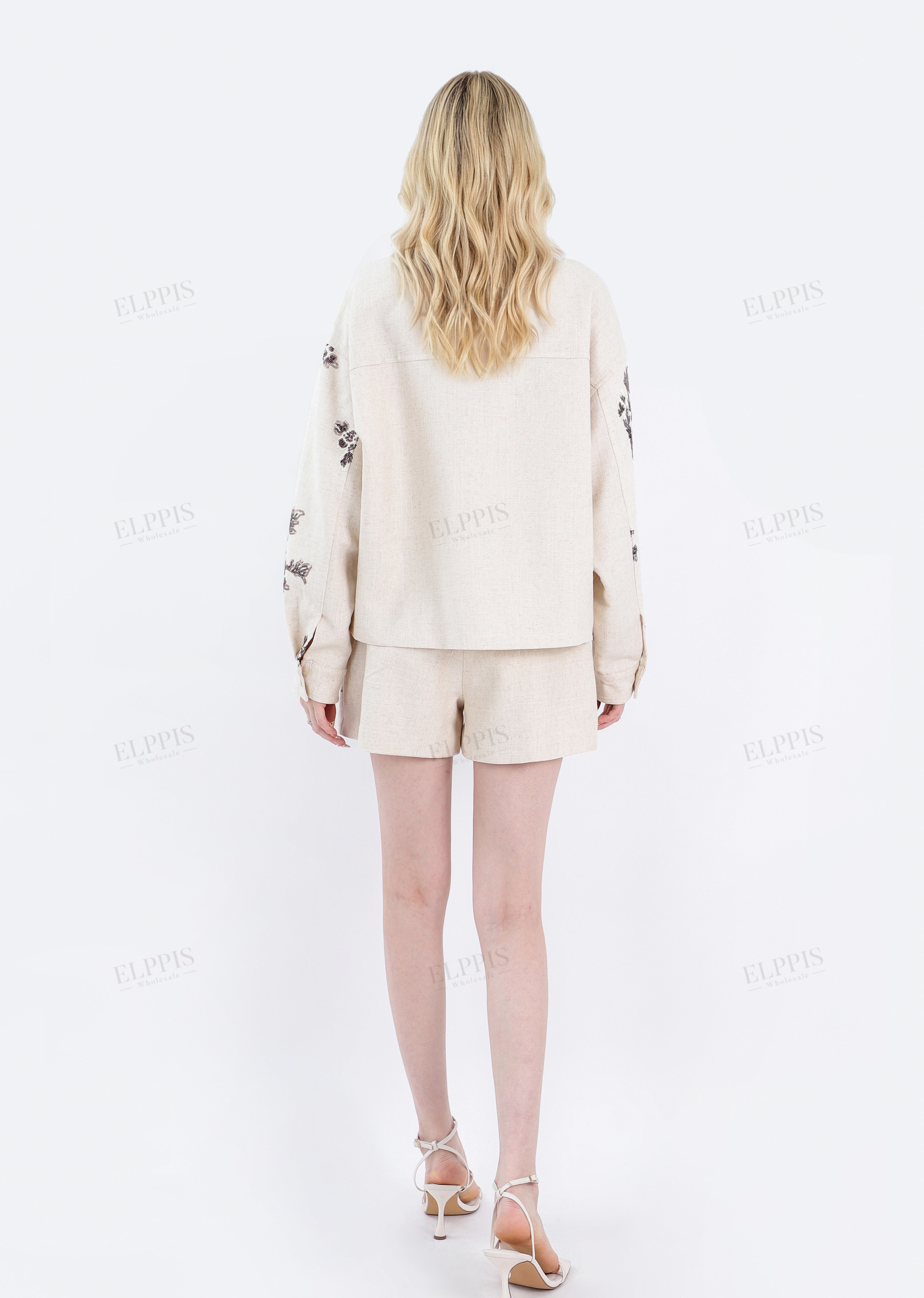 Beige Linen-Cotton Floral Embroidered High-Waisted Shorts