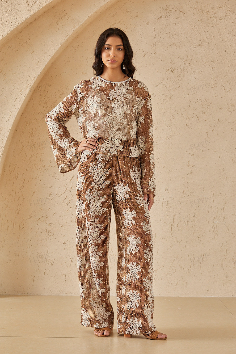 Brown & White Floral Lace Cropped Blouse with Bell Sleeves