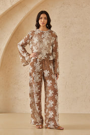 Brown & White Floral Lace Cropped Blouse with Bell Sleeves