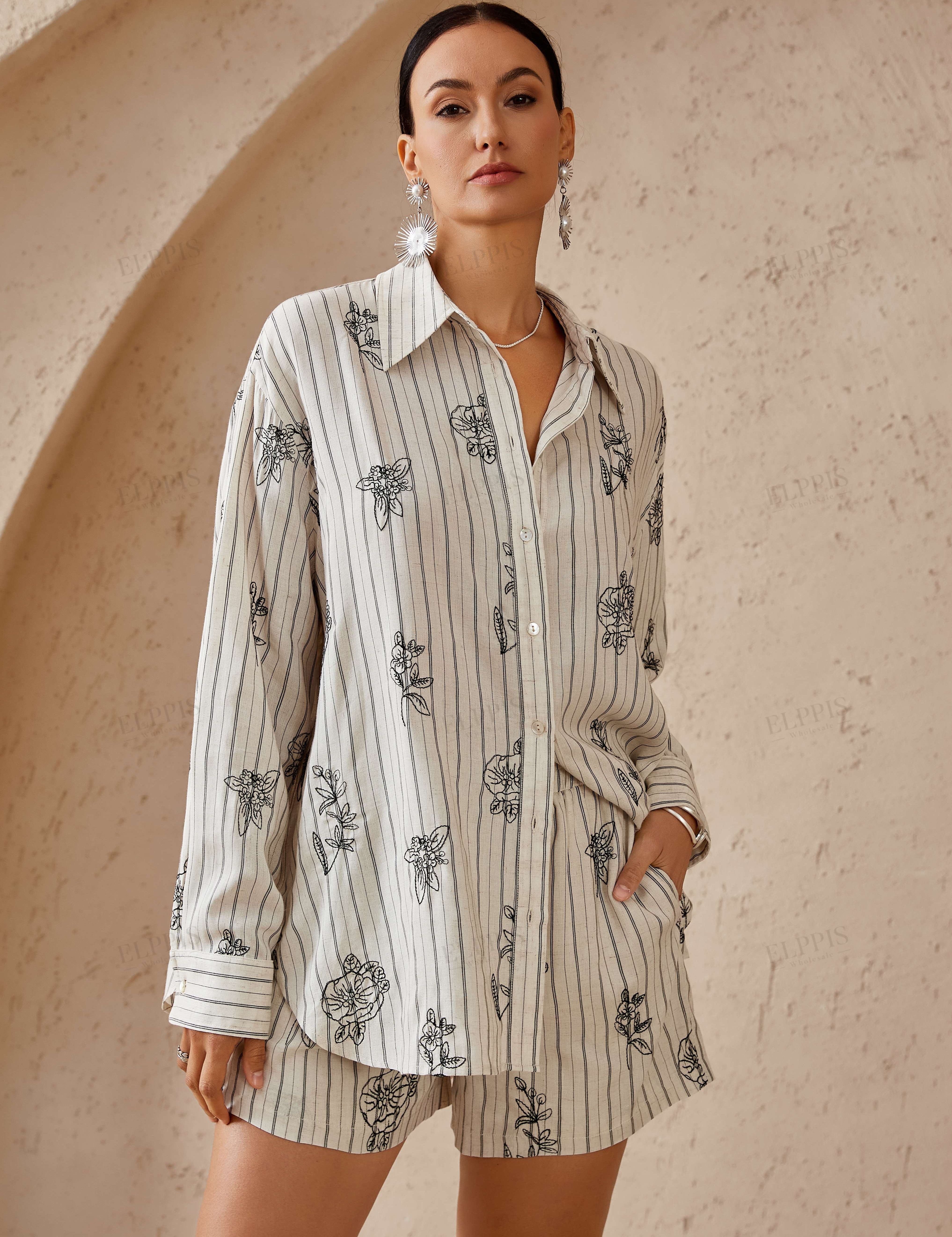Beige Striped Cotton-Blend Shirt with Black Floral Print