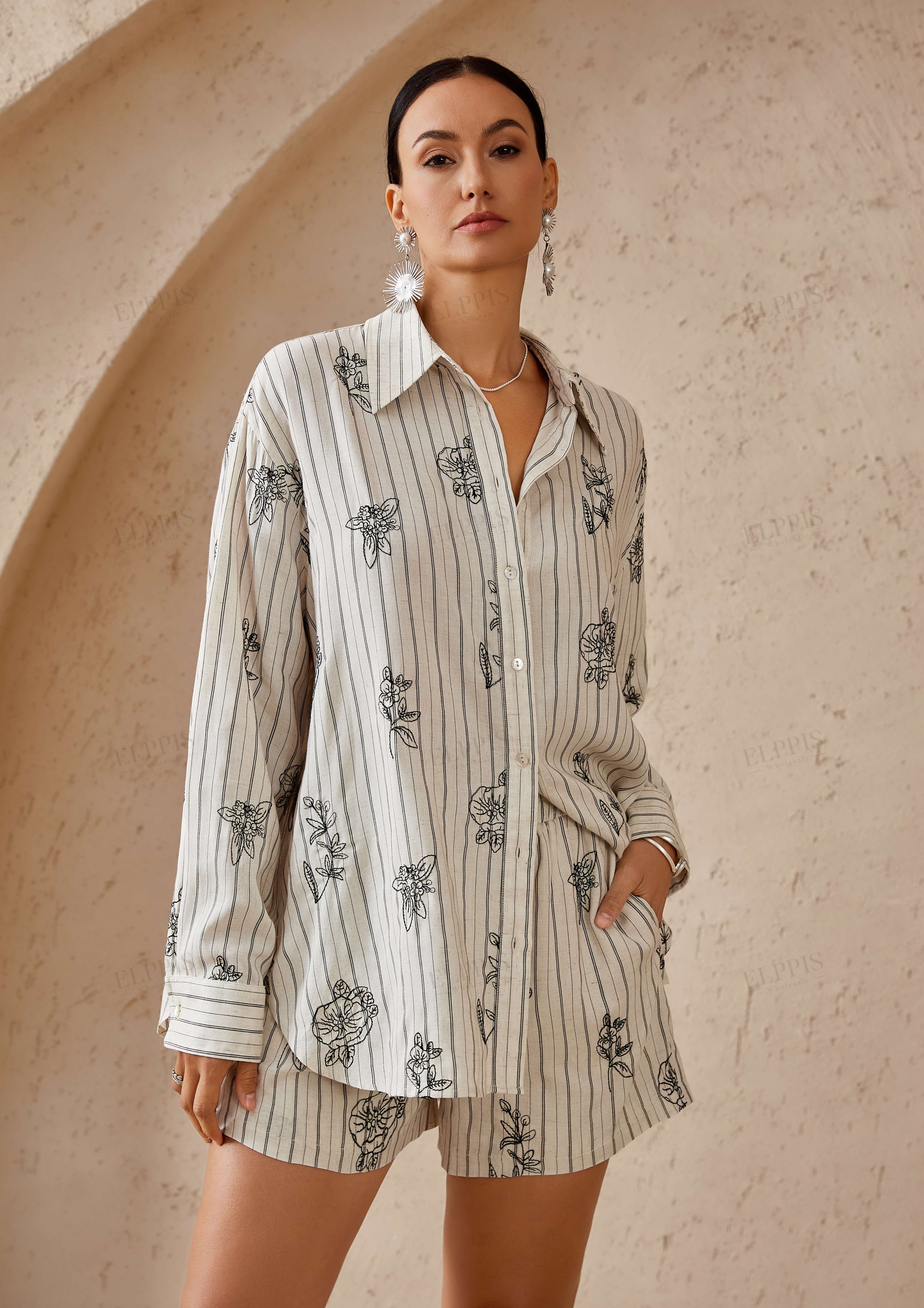 Beige Striped Cotton-Blend Shirt with Black Floral Print
