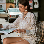 Cutout embroidered 3D flower drop-shoulder long sleeve lapel shirt