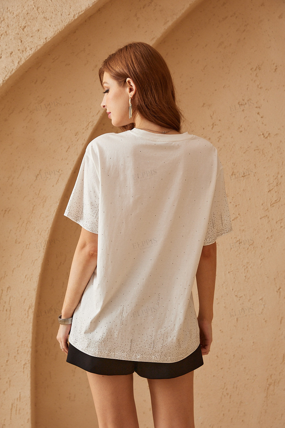 White Oversized T-Shirt with Gradient Rhinestone Dot Embellishments