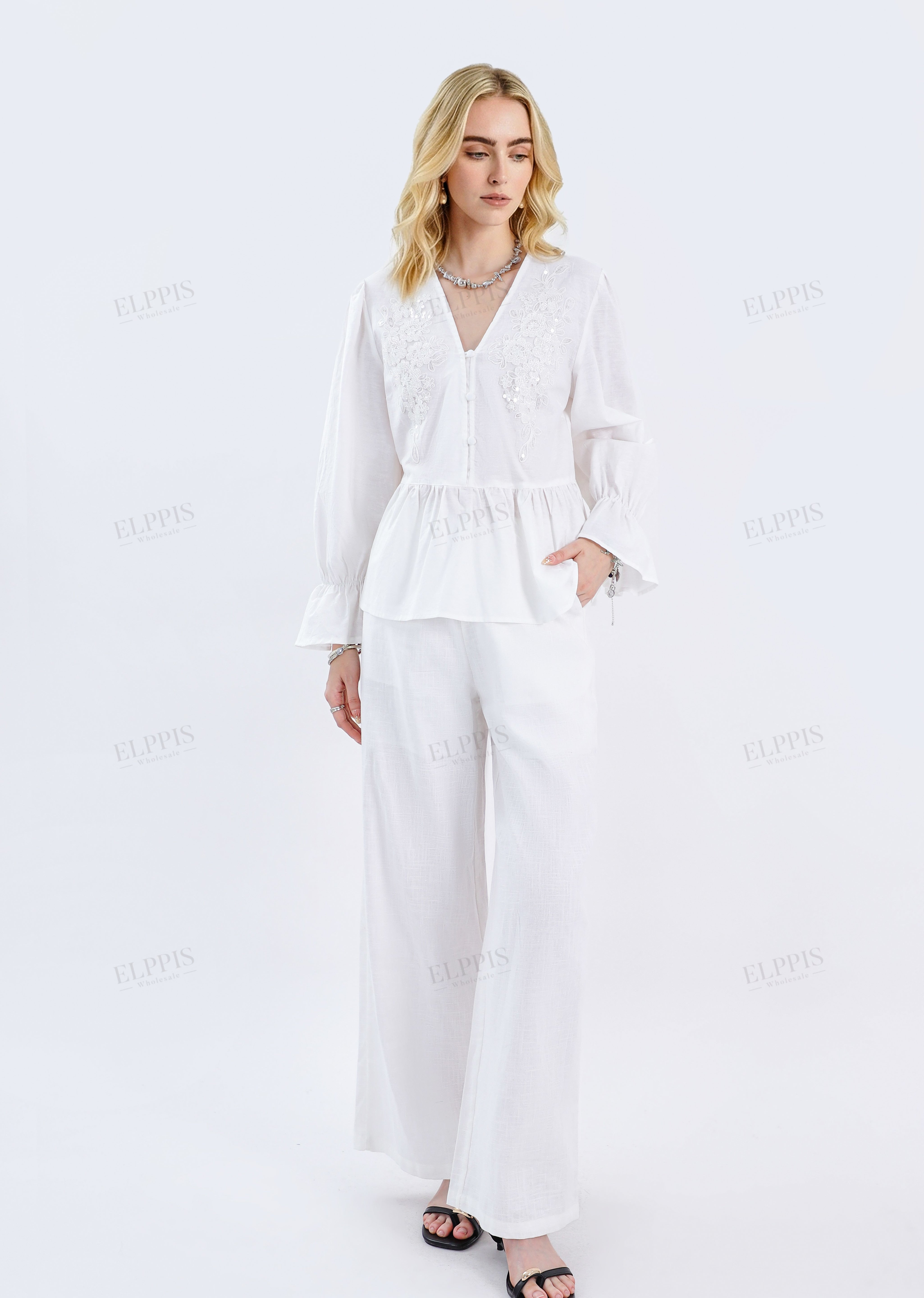 White Woven Blouse with Sequin Embroidery & Peplum Hem