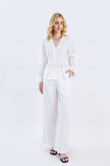 White Woven Blouse with Sequin Embroidery & Peplum Hem