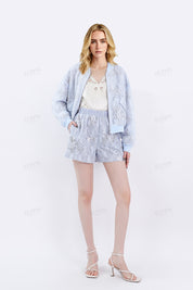 Light Blue Beaded Lace Bomber Jacket