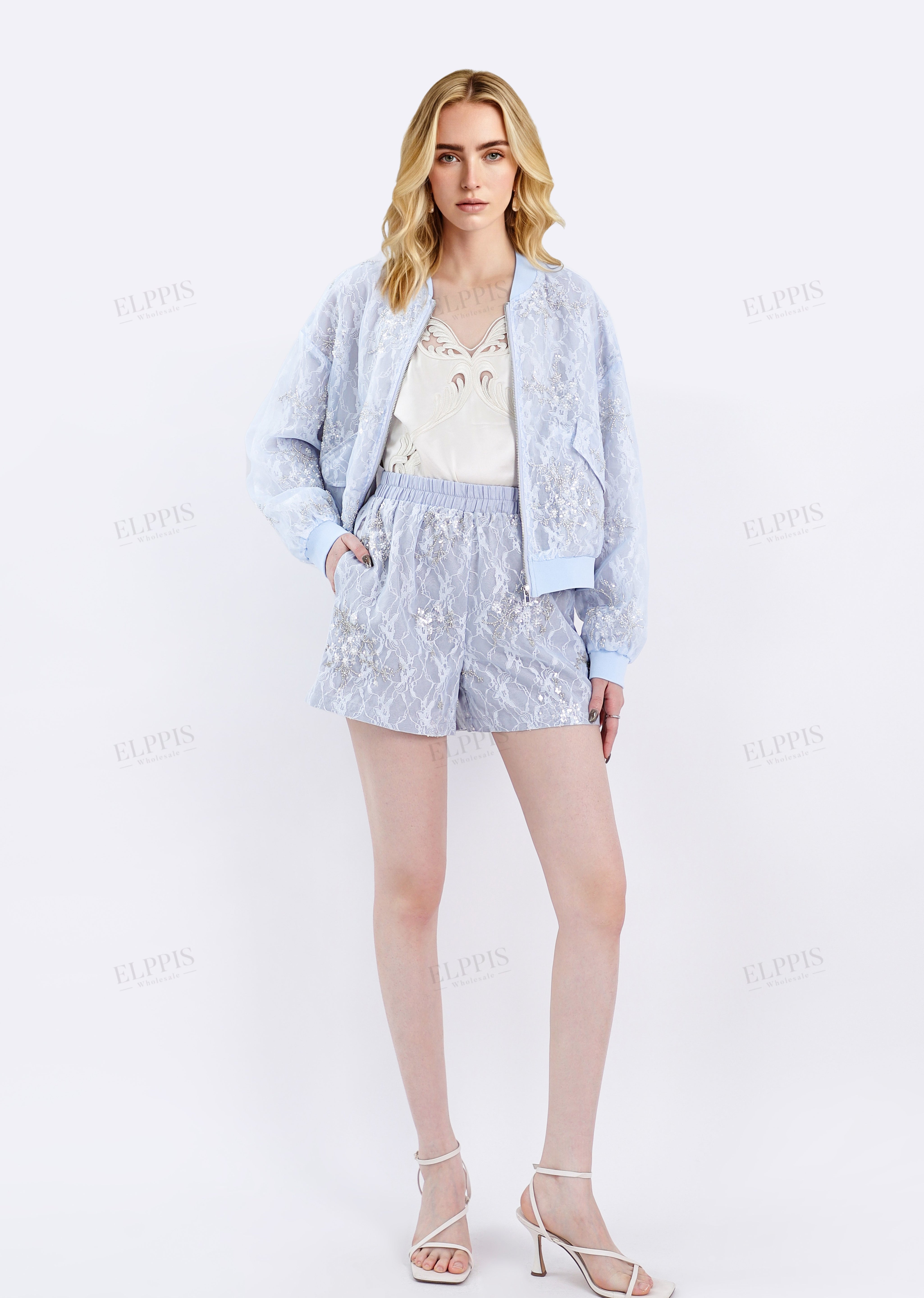 Light Blue Beaded Lace Bomber Jacket