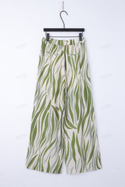 Green Leaf Print High-Waisted Wide-Leg Pants with Beaded Drawstring