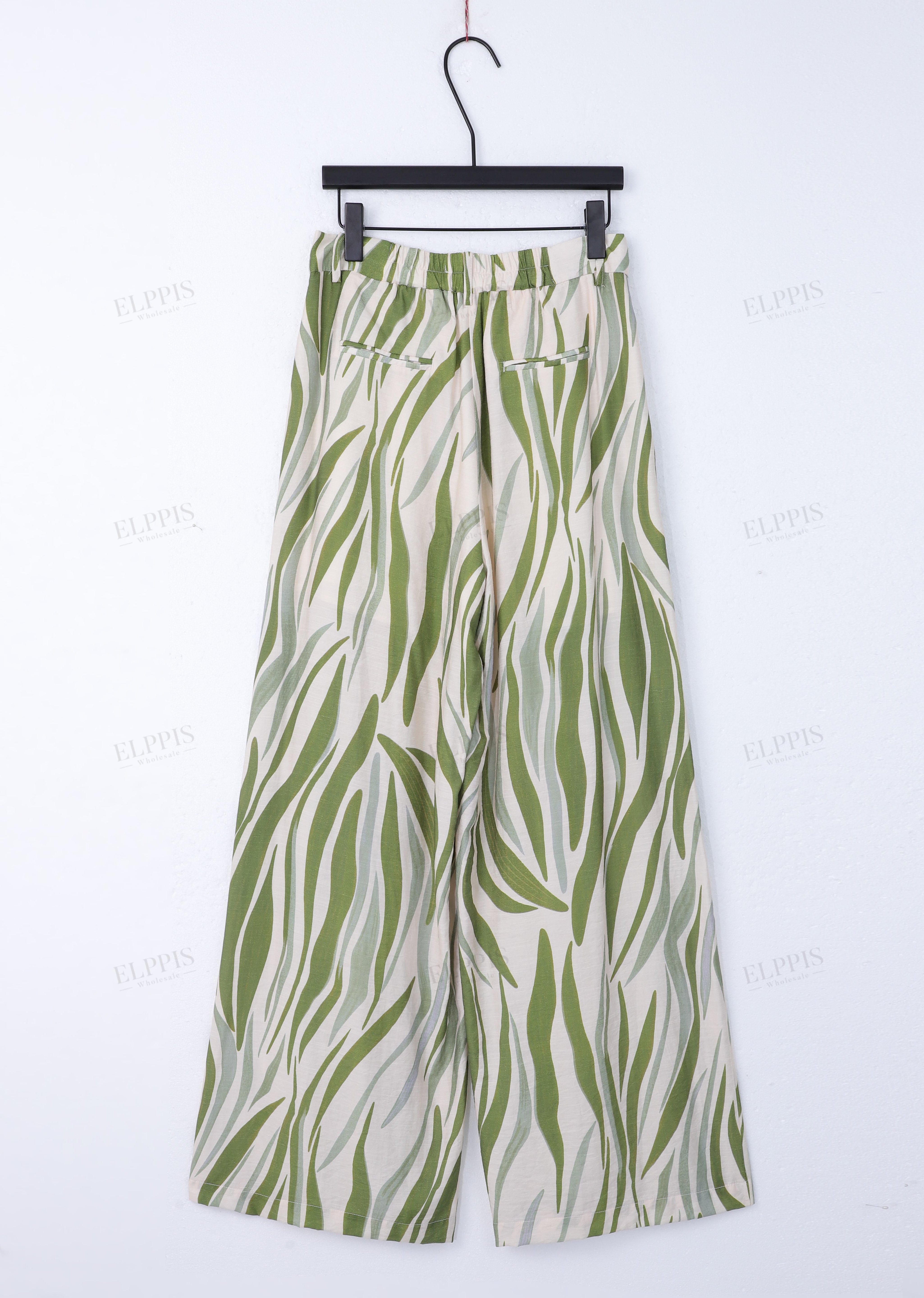 Green Leaf Print High-Waisted Wide-Leg Pants with Beaded Drawstring