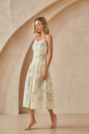 Yellow Eyelet Lace Floral Print Midi Slip Dress