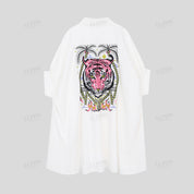 White Oversized Shirt Dress with Pink Tiger Tropical Embroidery