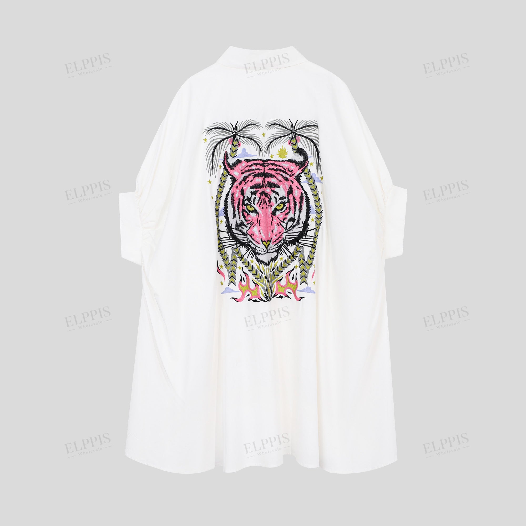 White Oversized Shirt Dress with Pink Tiger Tropical Embroidery