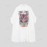 White Oversized Shirt Dress with Pink Tiger Tropical Embroidery