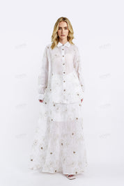White Rayon-Linen Blend Embroidered Oversized Shirt
