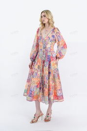 Colorful Patchwork Long-Sleeve Midi Dress with Pearl Button Trim
