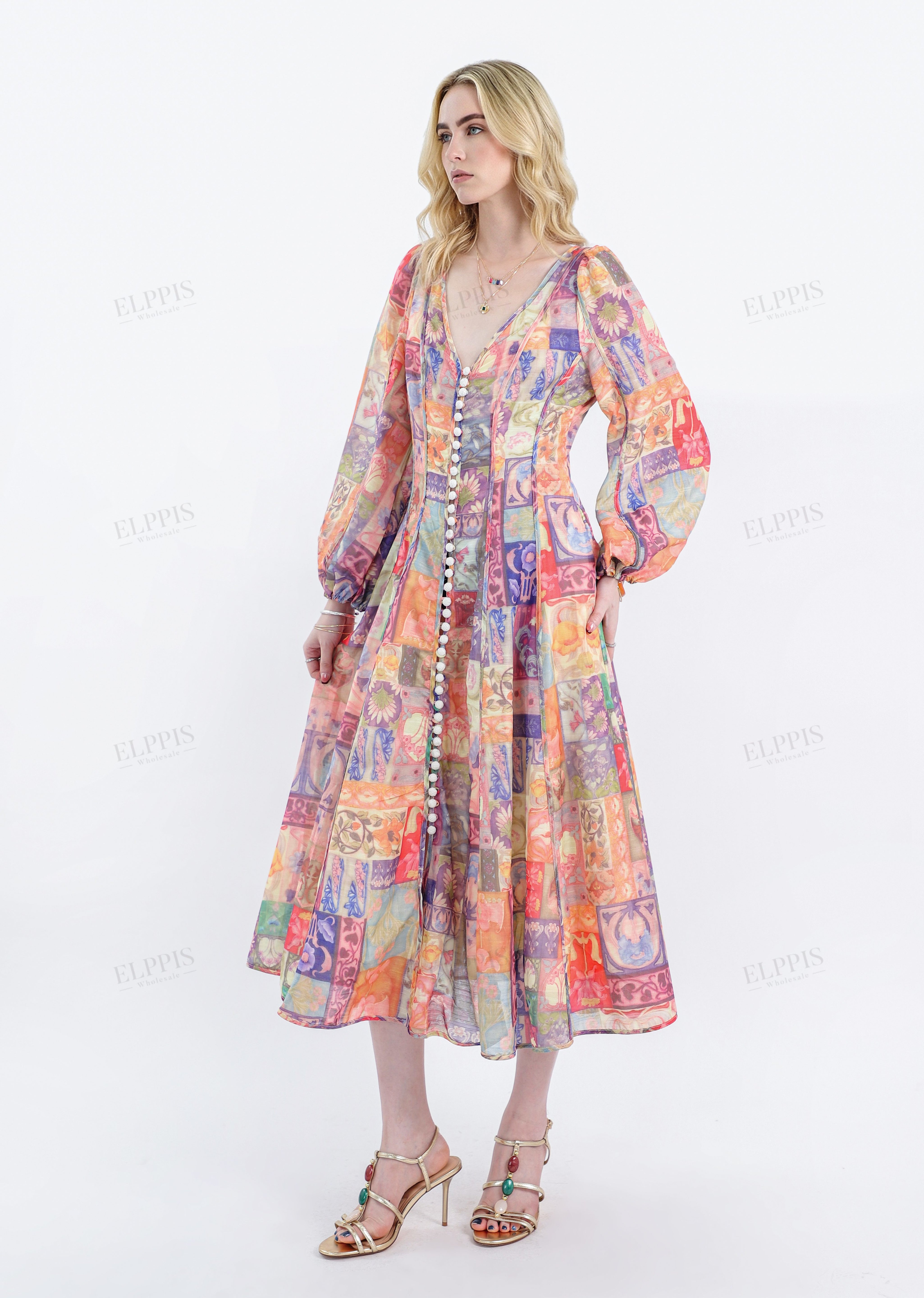 Colorful Patchwork Long-Sleeve Midi Dress with Pearl Button Trim